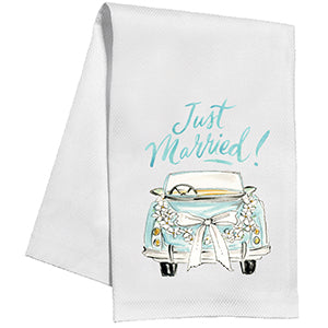 Handpainted Just Married! car with bow and flowers kitchen towel