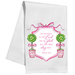 Handpainted joy pink crest with topiaries in pink pots with scripture kitchen towel