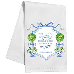 Handpainted Encouragement Blue Crest With Topiaries In Blue Pots With Scripture Kitchen Towel