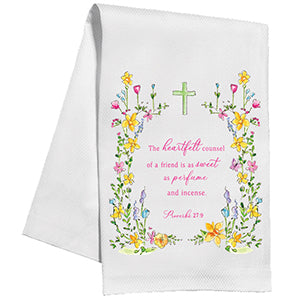 Handpainted friendship spring floral frame, yellow flowers and green cross with scripture kitchen towel