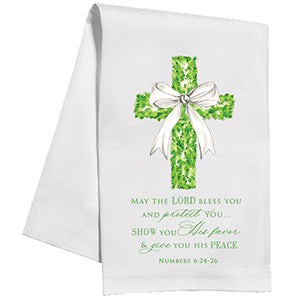 Handpainted wedding boxwood cross with white bow with scripture kitchen towel