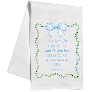 Handpainted baby blue bow with vine border with scripture kitchen towel