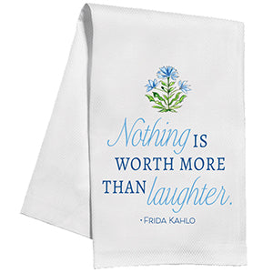 Handpainted blue floral block print nothing is worth more than laughter frida kahlo kitchen towel
