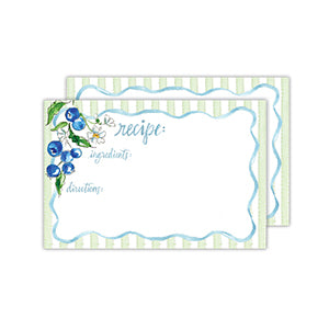 Handpainted Recipie Blueberries Green Stripes with Blue Wave Border Recipe Card