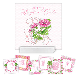 Joy Pink Floral And Topiaries Scripture Cards 4X4 Acrylic Block Stand