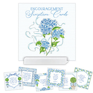 Encouragement Blue Floral And Topiaries Scripture Cards 4X4 Flat Card With Acrylic Block Stand
