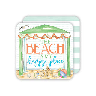 Handpainted The Beach is my Happy Place Green Cabana Square Coaster