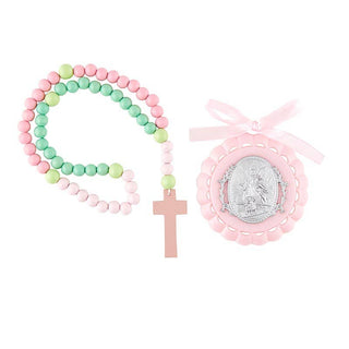Pink Angel Crib Medallion and Rosary Set