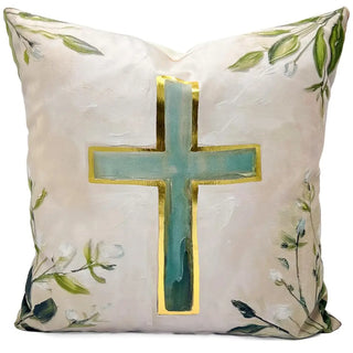 Gold Foil Painted Teal Cross Pillow