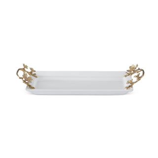 17.25 Inch White Ceramic Rectangular Tray w/Gold