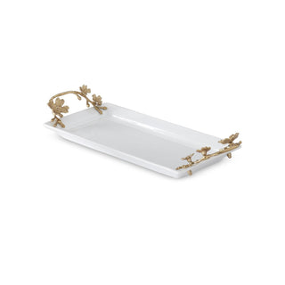 17.25 Inch White Ceramic Rectangular Tray w/Gold