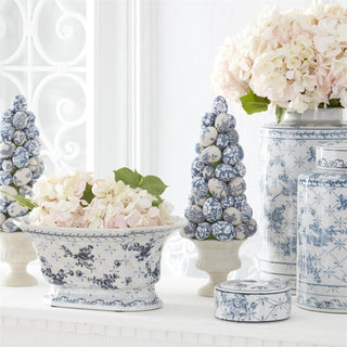 13 Inch Blue & White Floral Ceramic Oval Fluted Bowl