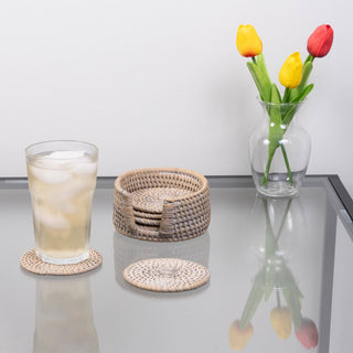 Handwoven Rattan Round Coaster Set with Storage Box 7 Pieces