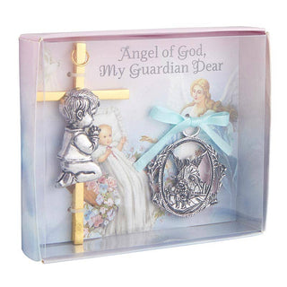 Boy Cross with Gaurdian Angel Crib Medal