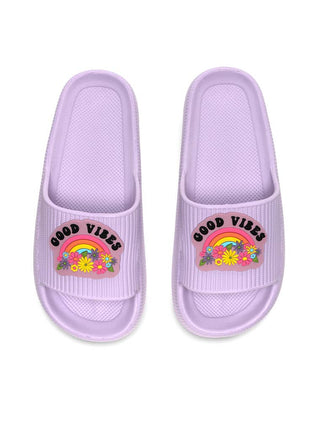 Quick Dry Pool Slide Sandals - "Good Vibes" - Light Purple: Medium
