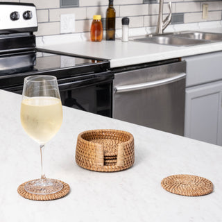 Handwoven Rattan Round Coaster Set with Storage Box 7 Pieces