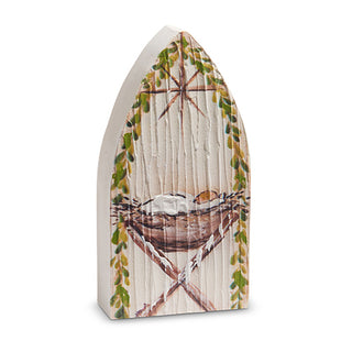 8" JESUS IN MANGER TEXTURED WOOD POINTED BLOCK