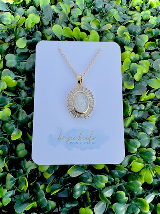 Oval Mary Mother of Pearl Stacked Stone Necklace