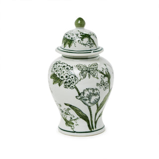 8" Primrose and Lotus Green and White Chinoiseire Jar with Lid