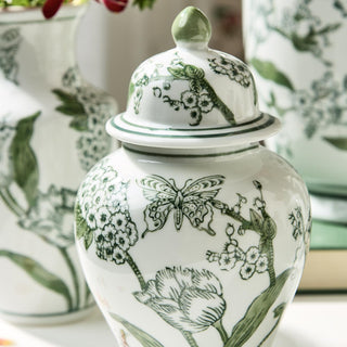 8" Primrose and Lotus Green and White Chinoiseire Jar with Lid