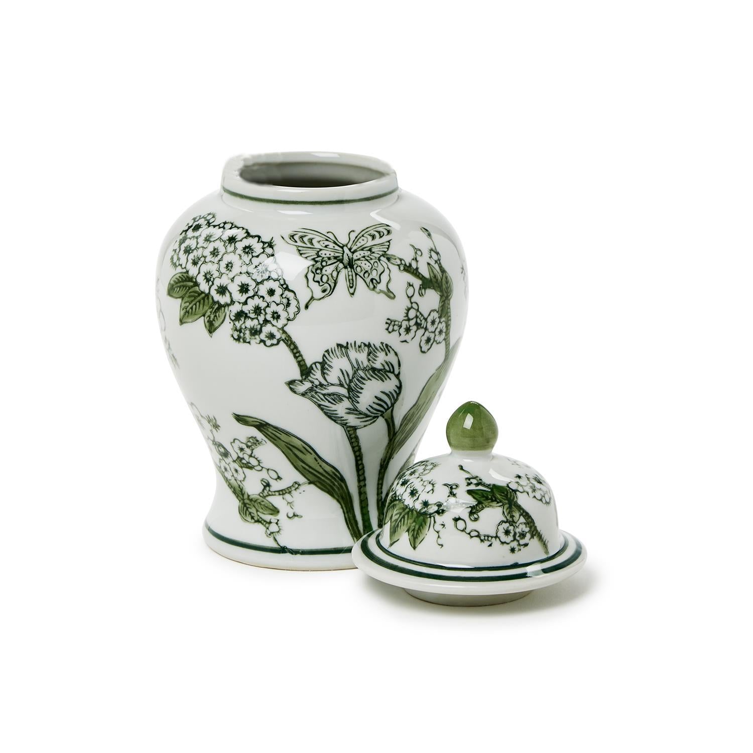 Primrose and Lotus Green and White Chinoiserie Jar with Lid - Thumbnail 5
