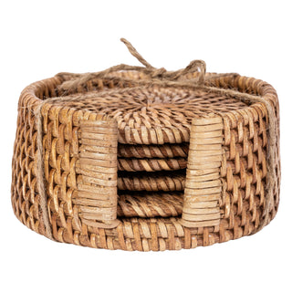 Handwoven Rattan Round Coaster Set with Storage Box 7 Pieces