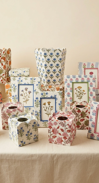 Blue & White Handprinted Tissue Box - Sanganer Blooms