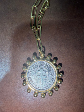 French Cross Coin On Gold Paperclip Necklace