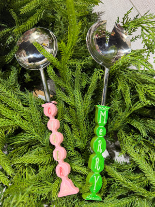 Enameled Metal Salad Servers with Holiday Words & Colored Handles