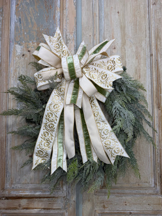 Elegant Green, White, and Gold Holiday Bow