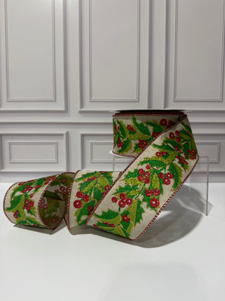 Holly Glitter Extravagance Linen Wired Edge Ribbon