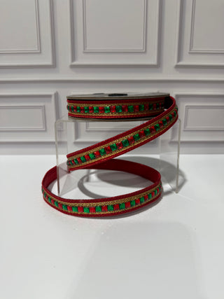 Sumptuous Red/Green Jewel Accent Deluxe Metallic Backed Wired Edge Ribbon