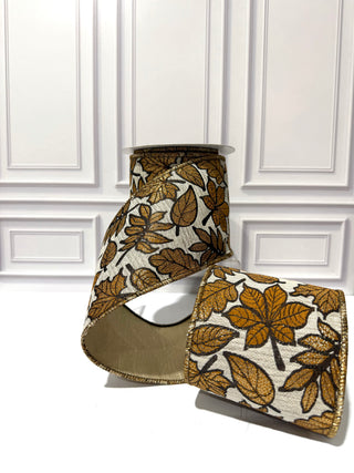 Sparkling Leaves Jacquard Gold Backed Wired Edge Ribbon