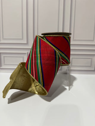 Multicolor Classic Diagonal Plaid Dupioni Deluxe Gold Backed Wired Edge Ribbon