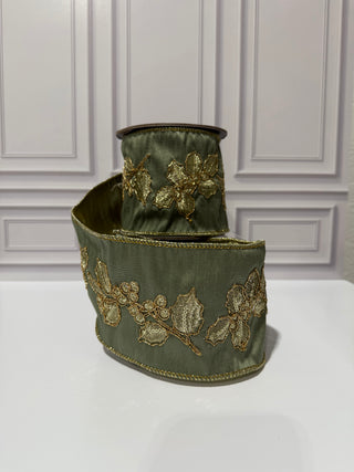 Holly Metallic Stitched Embroidery Deluxe Backed Wired Edge Ribbon