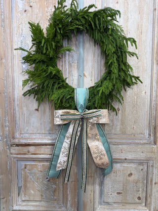 Elegant Holiday Aqua, Champagne, and Pearl Bow Wreath Sash