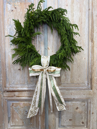 Elegant Green, White, and Gold Bow Wreath Sash
