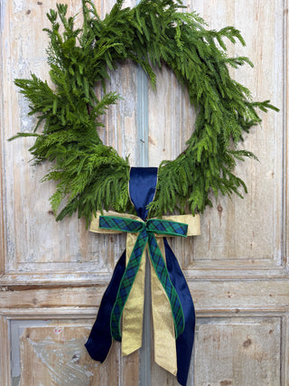 Elegant Navy, Green, and Gold Bow Wreath Sash