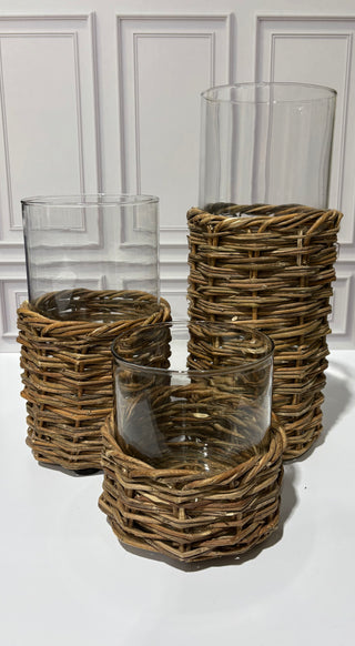 Clear Glass Cylinders in Woven Rattan Baskets