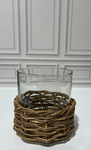 Clear Glass Cylinders in Woven Rattan Baskets