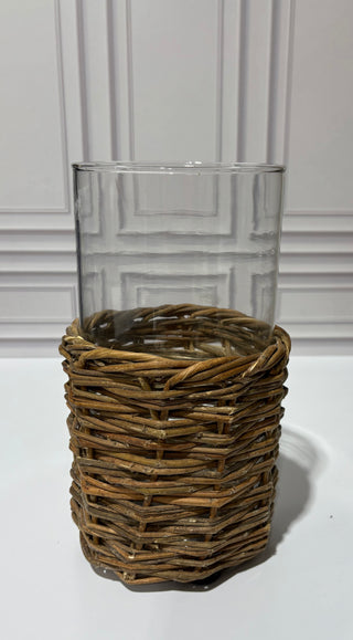 Clear Glass Cylinders in Woven Rattan Baskets