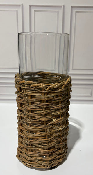 Clear Glass Cylinders in Woven Rattan Baskets