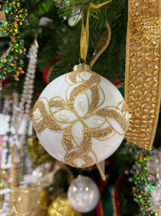 4"Gls Pearl/Gold Ornament