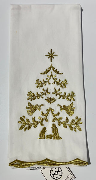 Nativity Tree- Gold Embroidered Tea Towel