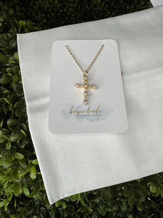 Gold Rhinestone Pearl Cross Necklace