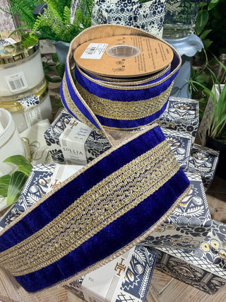 Wired Premium Velvet Ribbon Gold Trim on Blue