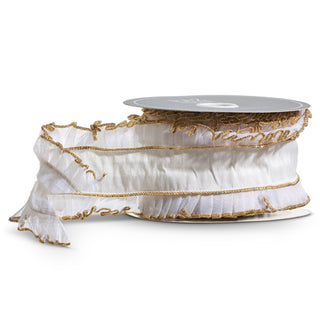 4" X 10 YDS SHEER IVORY RIBBON WITH RUFFLES AND GOLD TRIM
