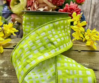 2.5" X 10yds jacquard squares, lime green white