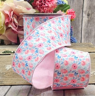 Floral Ribbon, Pink  and Teal Blue