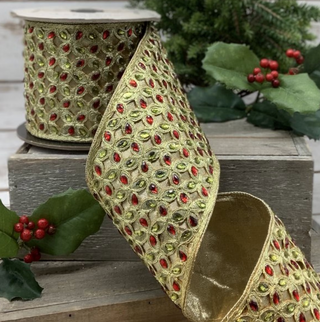 Metallic filigree jeweled trim, green-red